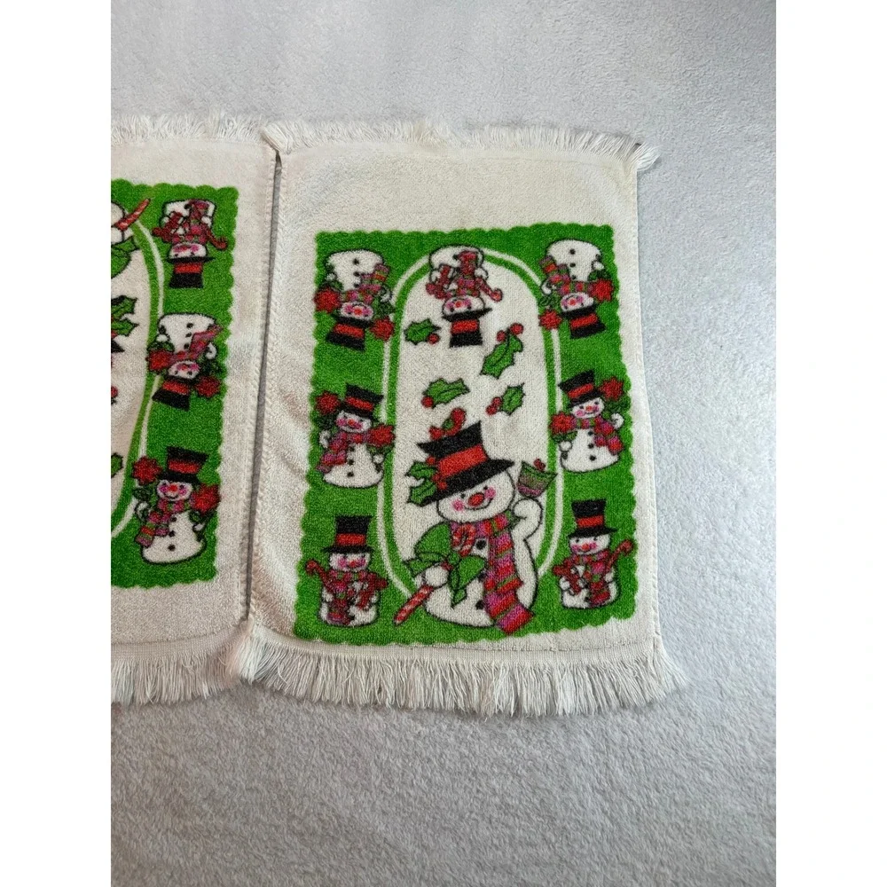 Vintage Royal Terry Snowman Christmas Hand Towels Set of 2 Green White Fringe